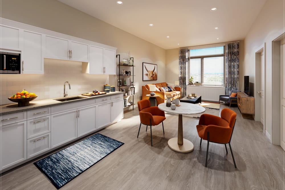 Apartment kitchen and sitting area at Anthology of The Arboretum in Austin, Texas