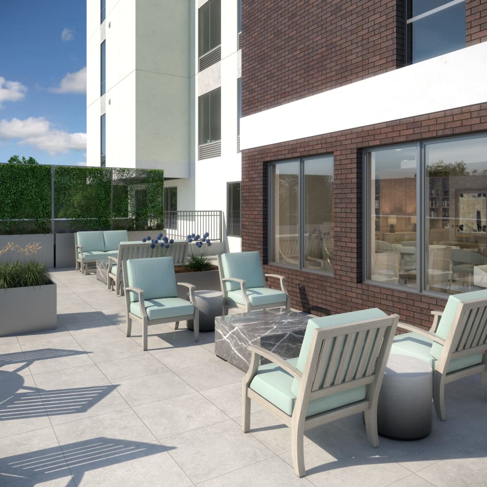 Sunny patio seating at Anthology of Highland Park in Dallas, Texas