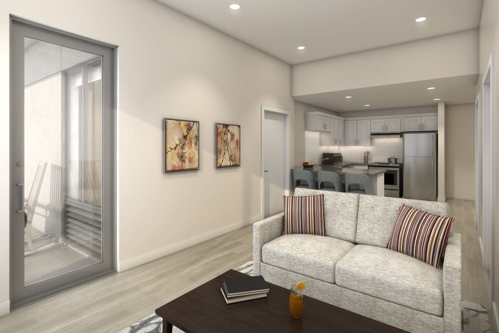 Resident living room and kitchen at Anthology of Highland Park in Dallas, Texas