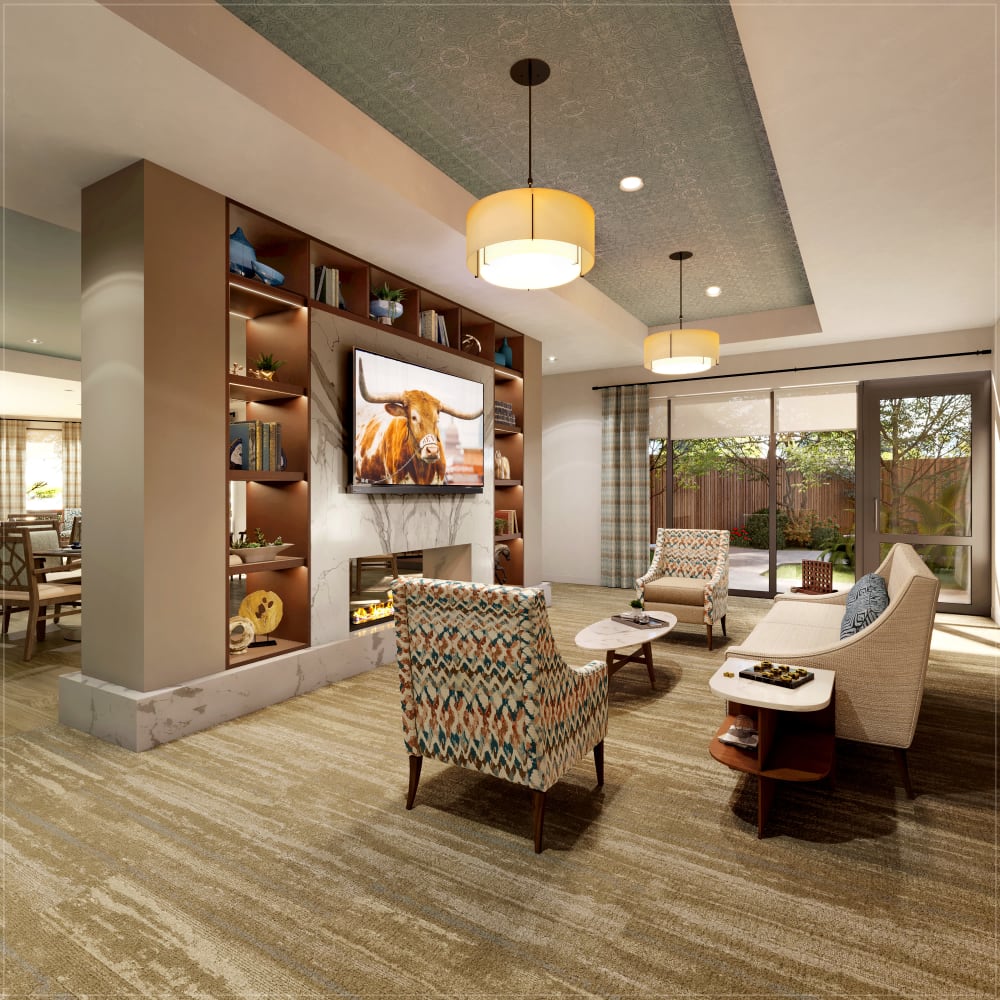 Lounge area with seating and large television at Anthology of The Arboretum in Austin, Texas